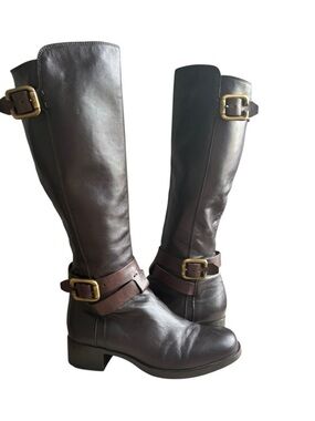 AGL Women's Brown Leather Knee High buckle Boots Size 6.5